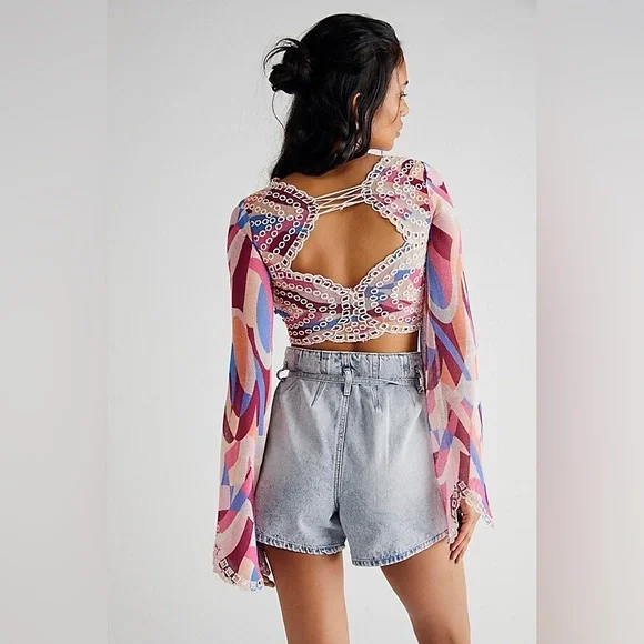 𝓯𝓹 Free People ~ Eyes on You Bell Sleeve Eyelet Mesh Crop Top - Picture 3 of 13